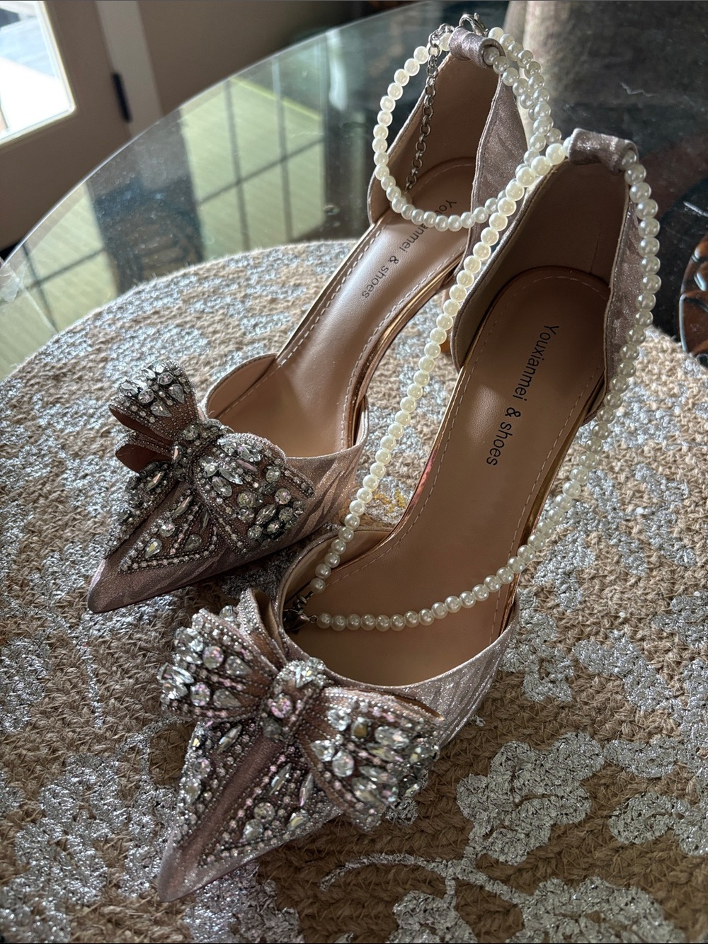 Embellished Rose Gold Pointed-Toe Heels with Pearl Ankle Strap